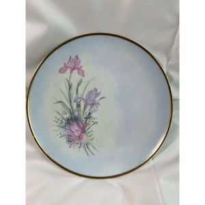Vtg Hand Painted Salad Plate blue Pink‎ Floral Globe Gold Trim 9” Signed